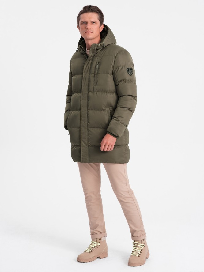 Długa zimowa kurtka męska pikowana o satynowym wykończeniu - khaki V1 OM-JALJ-0147 - XXL