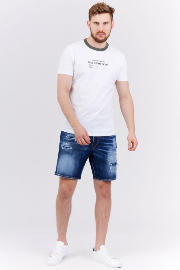 DIESEL Biały t-shirt męski z lamówką w kolorze khaki