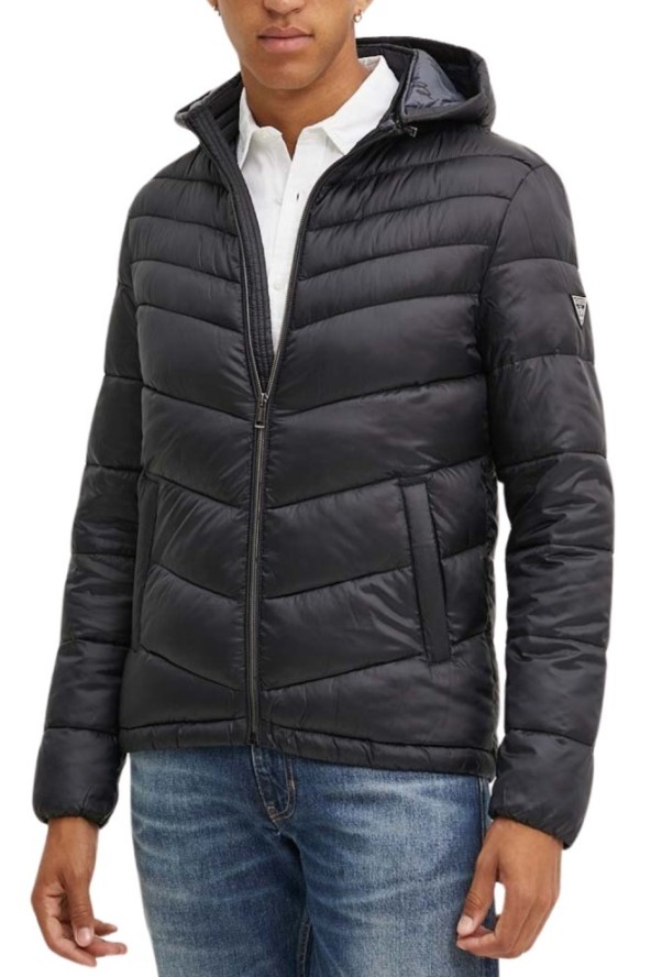 GUESS Czarna męska kurtka z kapturem Super Light Puffa Jacket