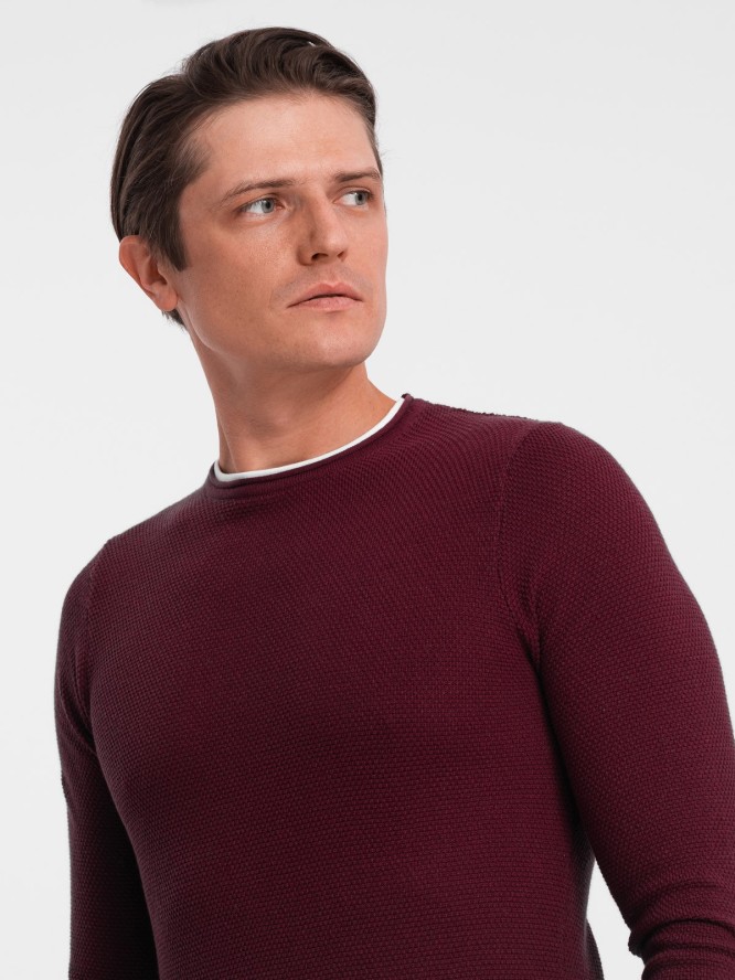Bawełniany sweter męski z okrągłym dekoltem - bordowy V8 OM-SWSW-0103 - XXL