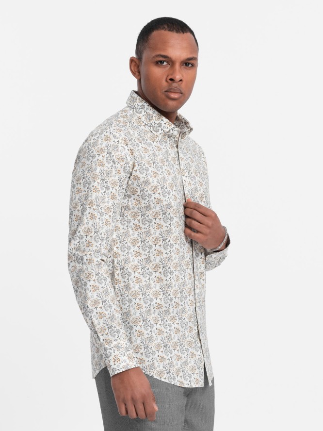 Męska koszula SLIM FIT we wzór florystyczny - beżowa V2 OM-SHPS-0139 - XXL