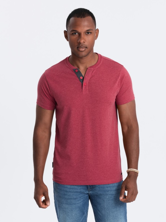 T-shirt męski z okrągłym rozpinanym dekoltem henley – czerwony V1 OM-TSCT-0155 - XXL