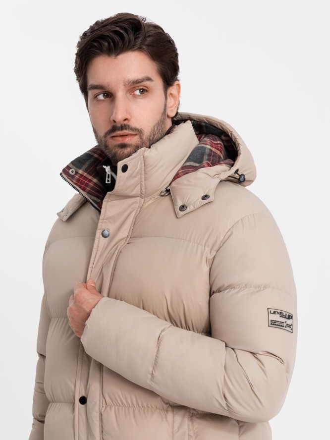 Męska kurtka puffer z podszewką w kratę – beżowa V2 OM-JAHP-0205 - XXL