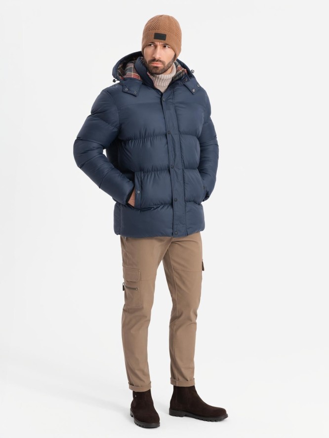 Kurtka męska puffer z podszewką w kratę – granatowa V1 OM-JAHP-0205 - XXL