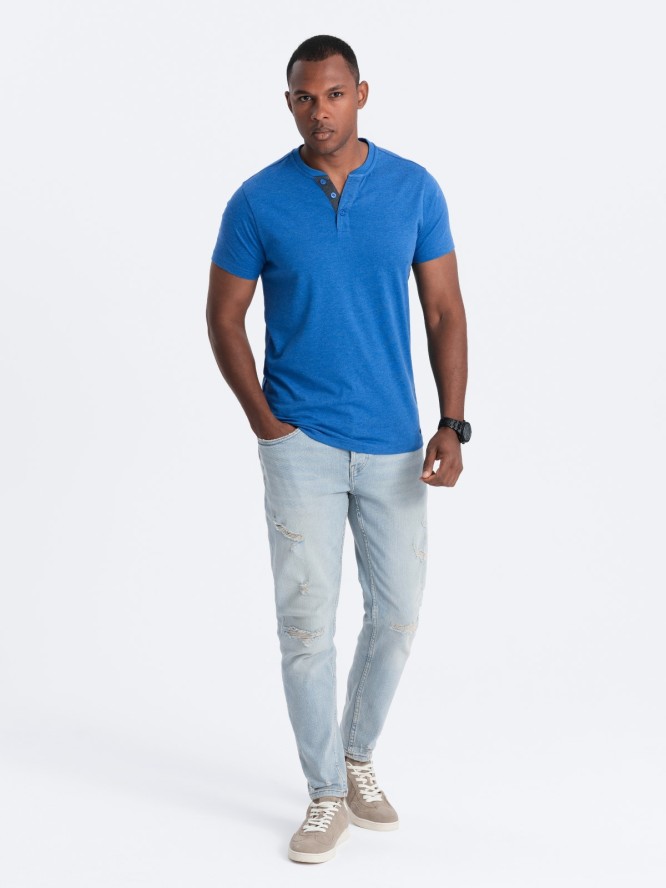 Męski t-shirt z okrągłym rozpinanym dekoltem henley – niebieski V2 OM-TSCT-0155 - XXL