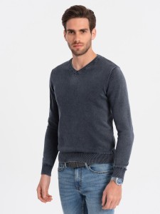 Washowany sweter męski z dekoltem w serek - granatowy V2 OM-SWOS-0108 - XXL