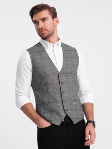 Męska kamizelka SLIM FIT z łączonych materiałów w kratkę – grafitowa V2 OM-BLZV-0123 - XXL
