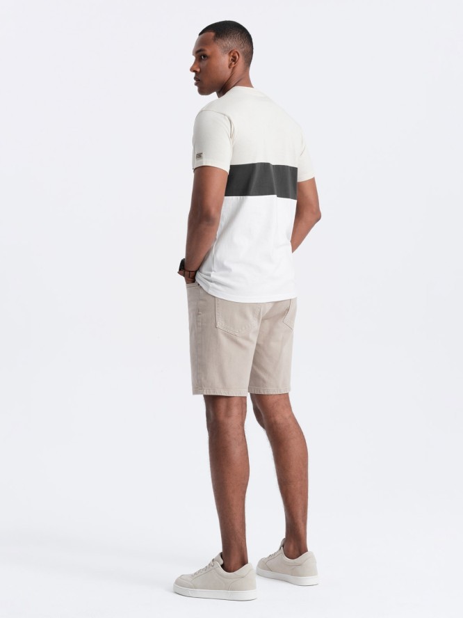 T-shirt męski trójkolorowy w szerokie pasy - kremowo-biały V2 OM-TSCT-0152 - XXL