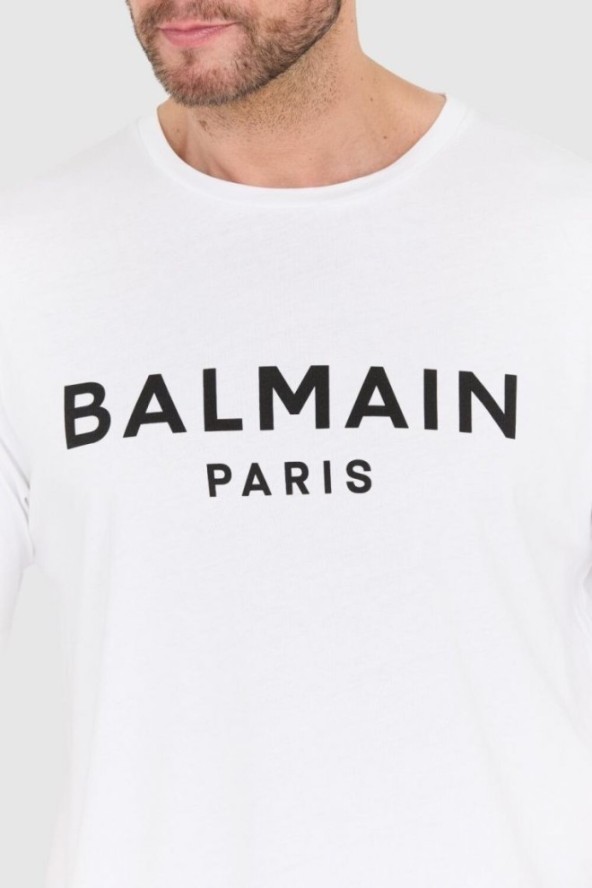 BALMAIN Biały t-shirt męski z drukowanym czarnym logo