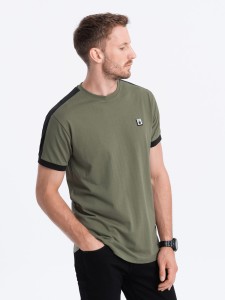 T-shirt męski bawełniany z kontrastującymi wstawkami - oliwkowy V4 S1632 - XXL