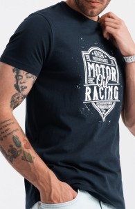 T-shirt męski z nadrukiem w stylu motocyklowym – granatowy V4 OM-TSPT-0125 - L