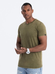 T-shirt męski z efektem ACID WASH - oliwkowy V4 S1638 - L