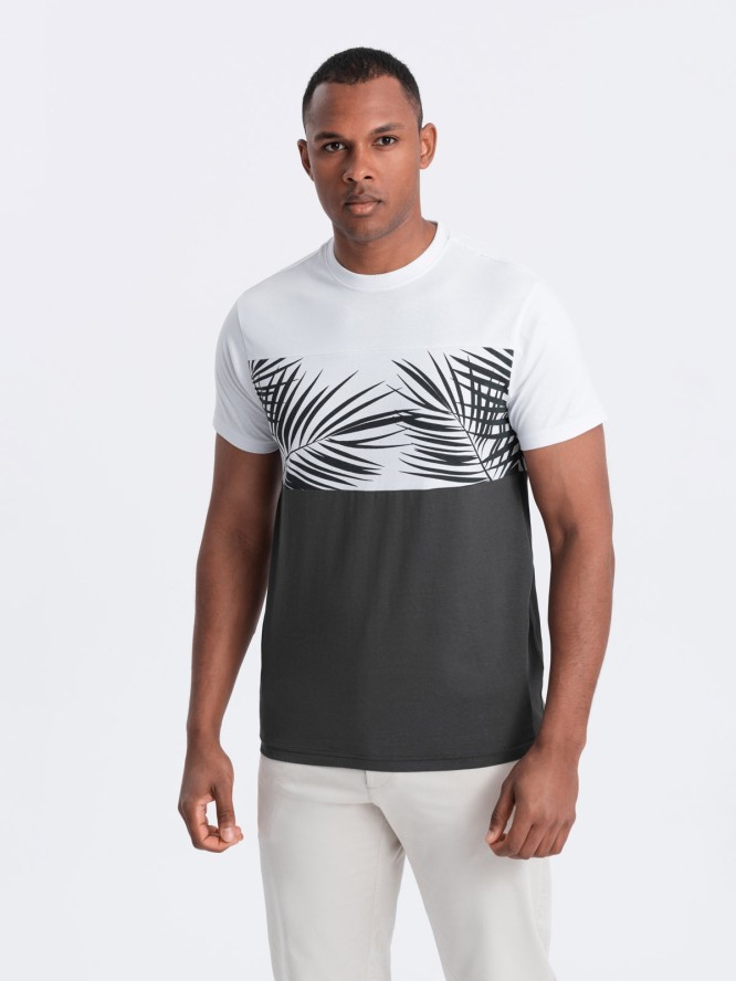 T-shirt meski dwukolorowy z nadrukiem w liście palmy - grafitowy V2 OM-TSPT-0177 - XXL