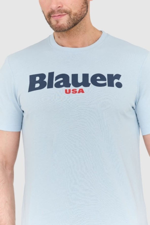 BLAUER Błękitny męski t-shirt z dużym logo