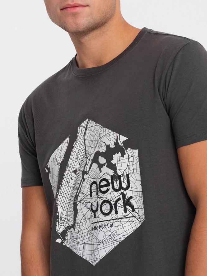 T-shirt męski bawełniany z printem motywu mapy - grafitowa V1 OM-TSPT-0169 - XXL