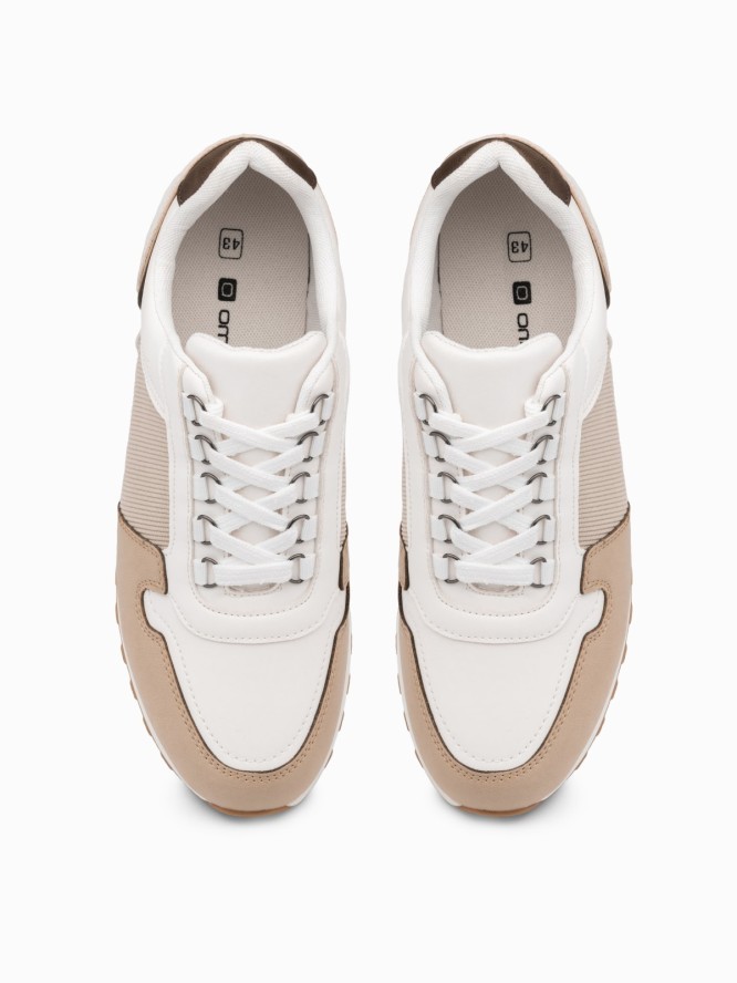 Patchworkowe męskie buty sneakersy z łączonych materiałów – biało-piaskowe V1 OM-FOSL-0144 - 45