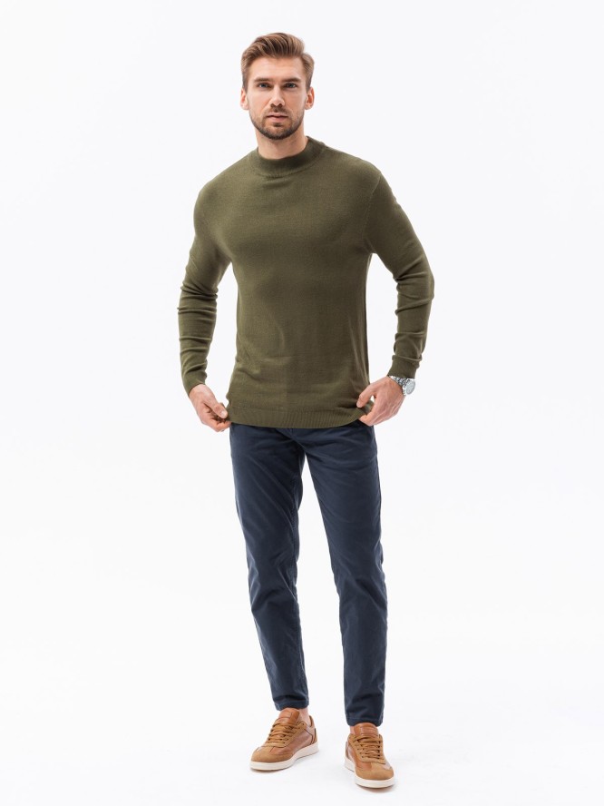 Sweter męski z półgolfem o gładkiej strukturze - oliwkowy V7 E178 - XXL