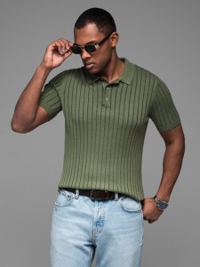 Męska koszulka polo z wiskozą SLIM FIT w pionowy prążek – oliwkowa V4 OM-POSS-0143 - XXL