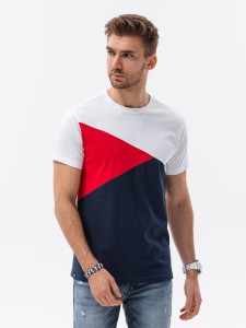 Trójkolorowy t-shirt męski - granatowy V3 S1640 - L