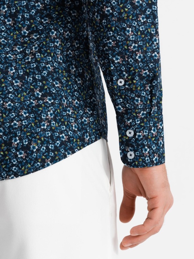 Męska koszula bawełniana we wzory SLIM FIT - ciemnoniebieska V1 OM-SHCS-0151 - XL
