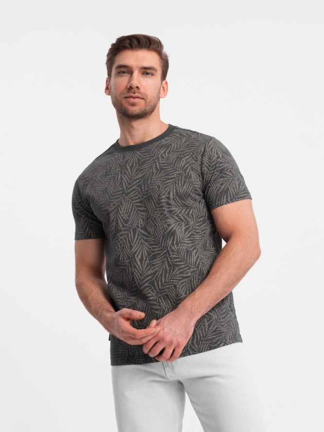 T-shirt męski fullprint w liście palmy - grafitowy V4 OM-TSFP-0182 - XXL