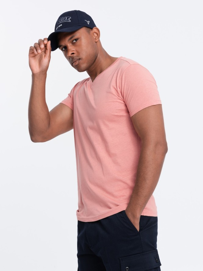 Klasyczna męska bawełniana koszulka z dekoltem w serek BASIC – różowa V7 OM-TSBS-0145 - XXL