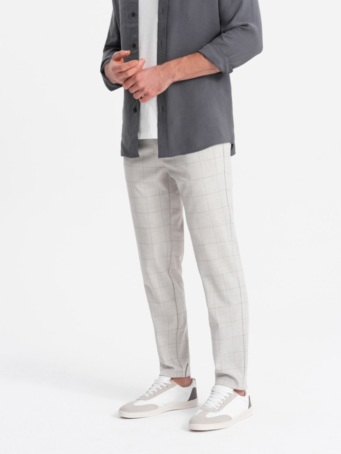Spodnie męskie o klasycznym kroju w delikatną kratę - beżowe V1 OM-PACP-0187 - XXL