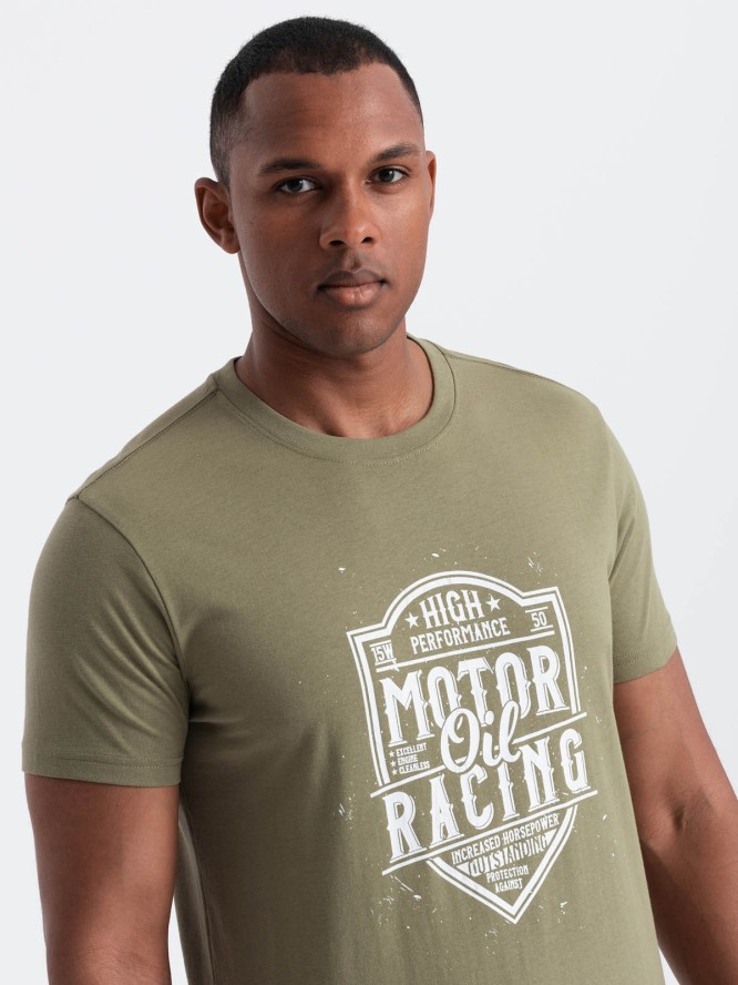 T-shirt męski z nadrukiem w stylu motocyklowym – oliwkowy V2 OM-TSPT-0125 - XXL