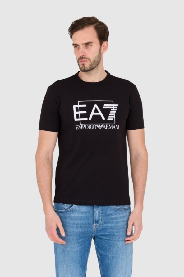 EA7 Czarny męski t-shirt z dużym białym logo