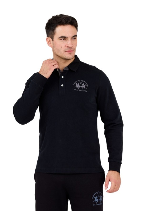 LA MARTINA Czarny męski longsleeve polo HEAVY JERSEY