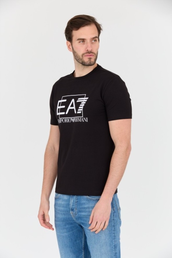 EA7 Czarny męski t-shirt z dużym białym logo