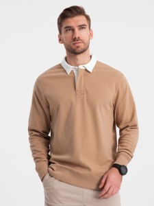 Bluza męska z białym kołnierzykiem polo - jasnobrązowa V8 OM-SSNZ-0132 - XXL