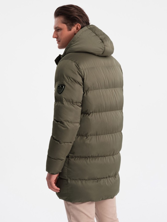 Długa zimowa kurtka męska pikowana o satynowym wykończeniu - khaki V1 OM-JALJ-0147 - XXL
