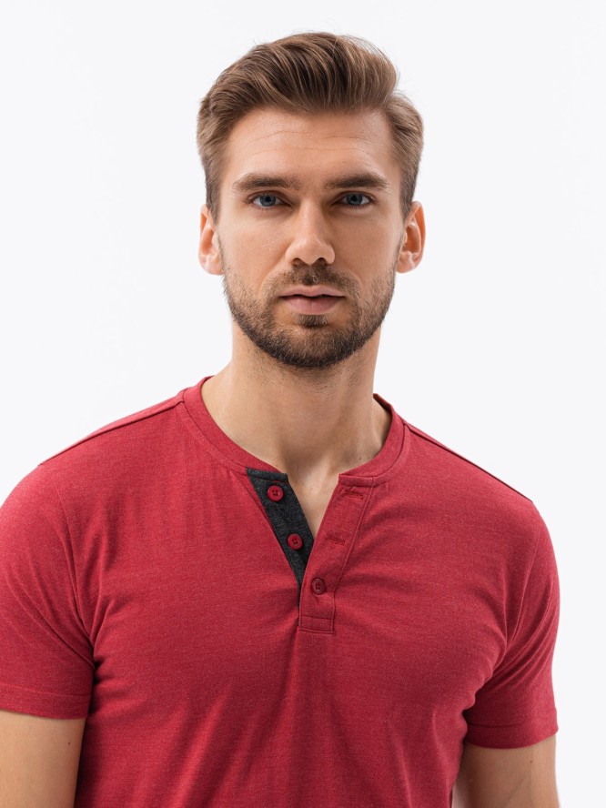 T-shirt męski bez nadruku z guzikami - czerwony melanż V1 S1390 - XXL