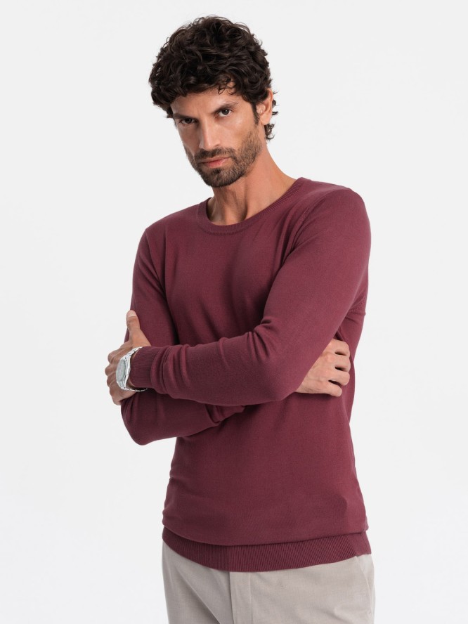 Sweter klasyczny męski z wiskozą BASIC z okrągłym dekoltem – bordowy V11 OM-SWBS-0106 - XXL