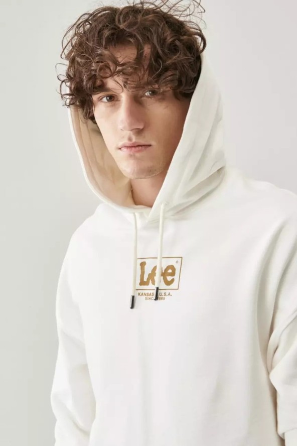 LEE LOOSE HOODIE MĘSKA BLUZA Z KAPTUREM LOGO ECRU L83SSPNQ