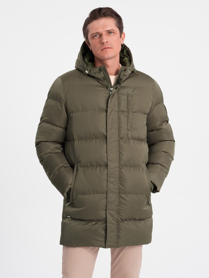 Długa zimowa kurtka męska pikowana o satynowym wykończeniu - khaki V1 OM-JALJ-0147 - XXL