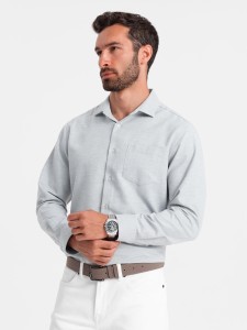 Koszula męska z kieszenią REGULAR FIT - jasnoszary melanż V2 OM-SHCS-0148 - XXL