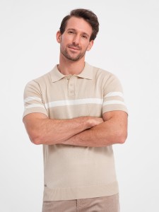 Męska koszulka polo z miękkiej dzianiny z kontrastowymi pasami - beżowa V4 OM-POSS-0118 - XXL