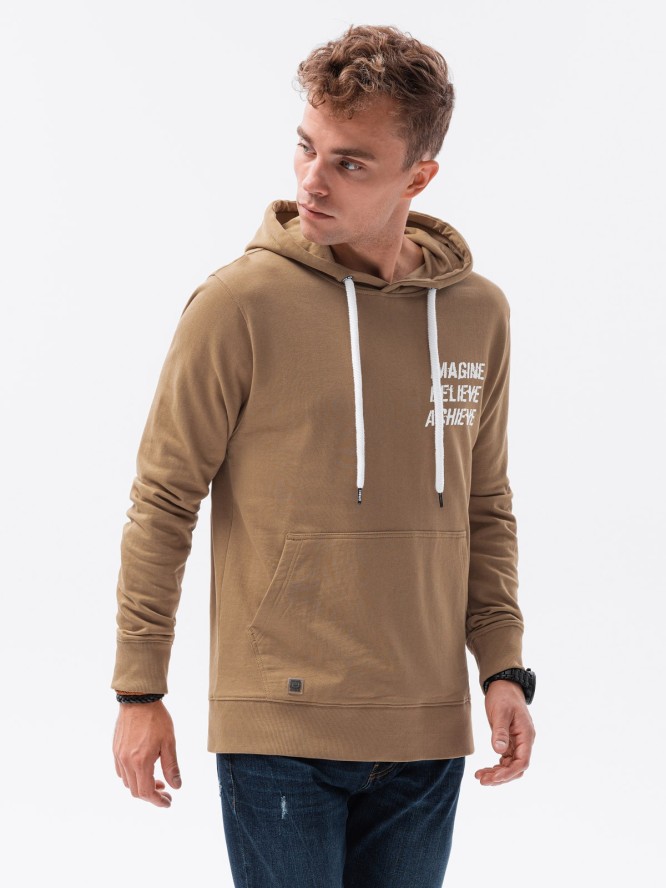 Bluza męska hoodie z nadrukiem na plecach - jasnobrązowa V2 B1357 - XXL