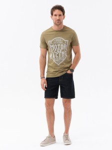 T-shirt męski bawełniany z nadrukiem - oliwkowy V2 S1735 - XXL