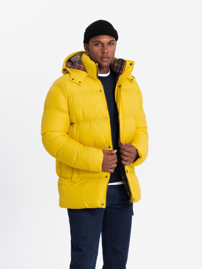 Kurtka męska typu puffer z podszewką w kratę – żółta V3 OM-JAHP-0205 - XXL