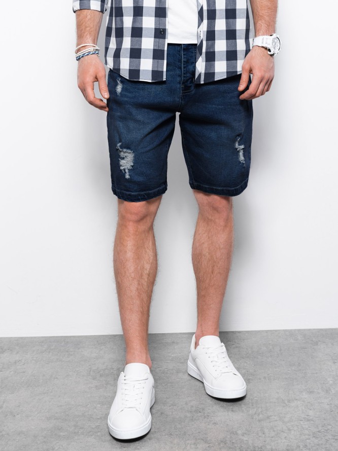 Krótkie spodenki męskie jeansowe z dziurami - ciemnoniebieskie V3 OM-SRDS-0114 - S