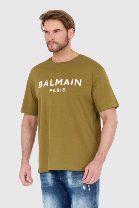 BALMAIN Zielony t-shirt męski z drukowanym białym logo