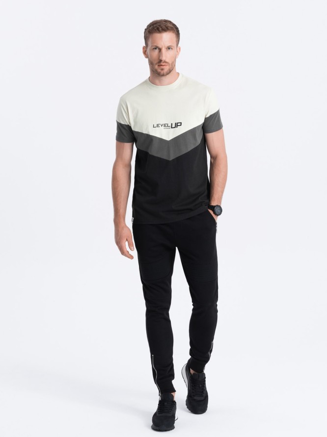 T-shirt męski bawełniany trójkolorowy z logo - czarno-grafitowy V2 S1747 - XXL