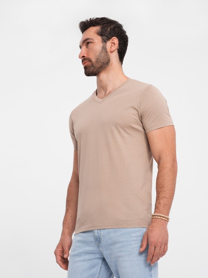 Męska klasyczna bawełniana koszulka z dekoltem w serek BASIC – popielata V21 OM-TSBS-0145 - XXL