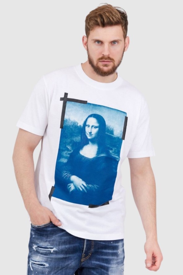 OFF-WHITE Biały t-shirt męski z nadrukiem mona lisy