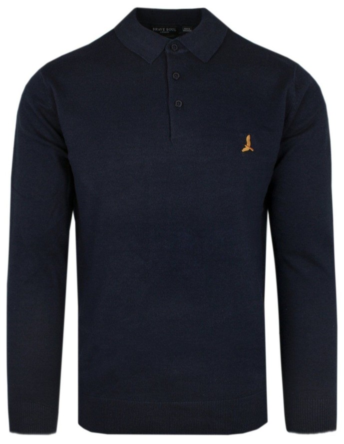 Dzianinowy Lekki Sweter w Stylu Longsleeve Polo – Brave Soul - Granatowy