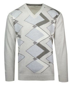 Sweter w Serek, Wzór Geometryczny, Beżowy, V-neck, Męski, Cienki -YAMAK