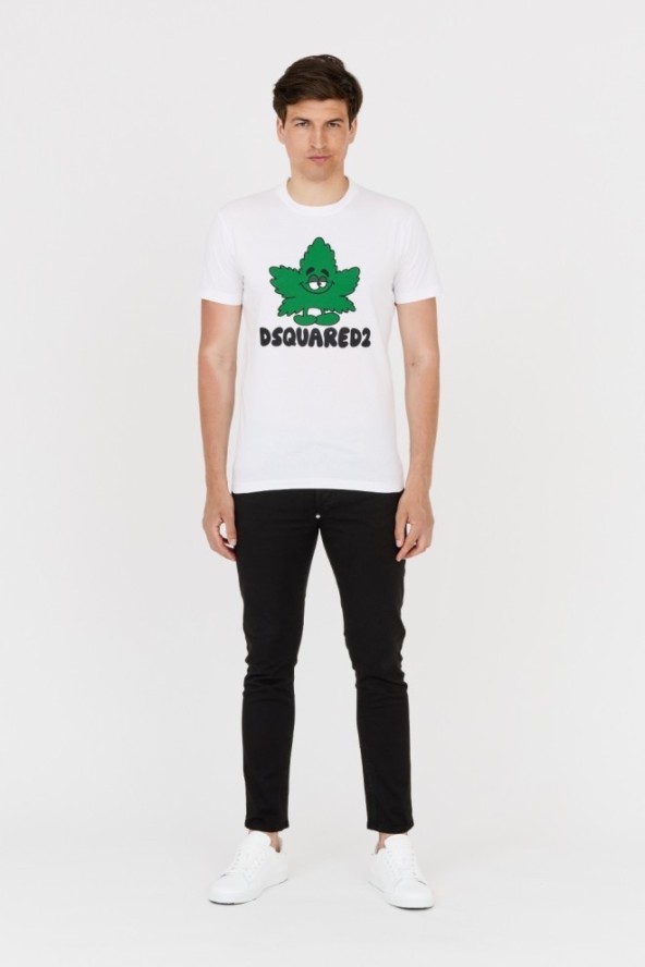 DSQUARED2 Biały t-shirt z zielonym liściem
